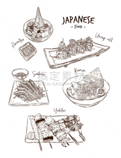 草图,日本食品,传统,寿司,菜单,清新,食品,绘制,布置,午餐