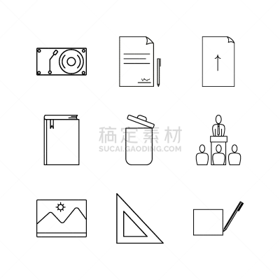 轮廓,直的,图标集,计算机图标,垃圾筒,书,文档,回收桶,三角板,演讲