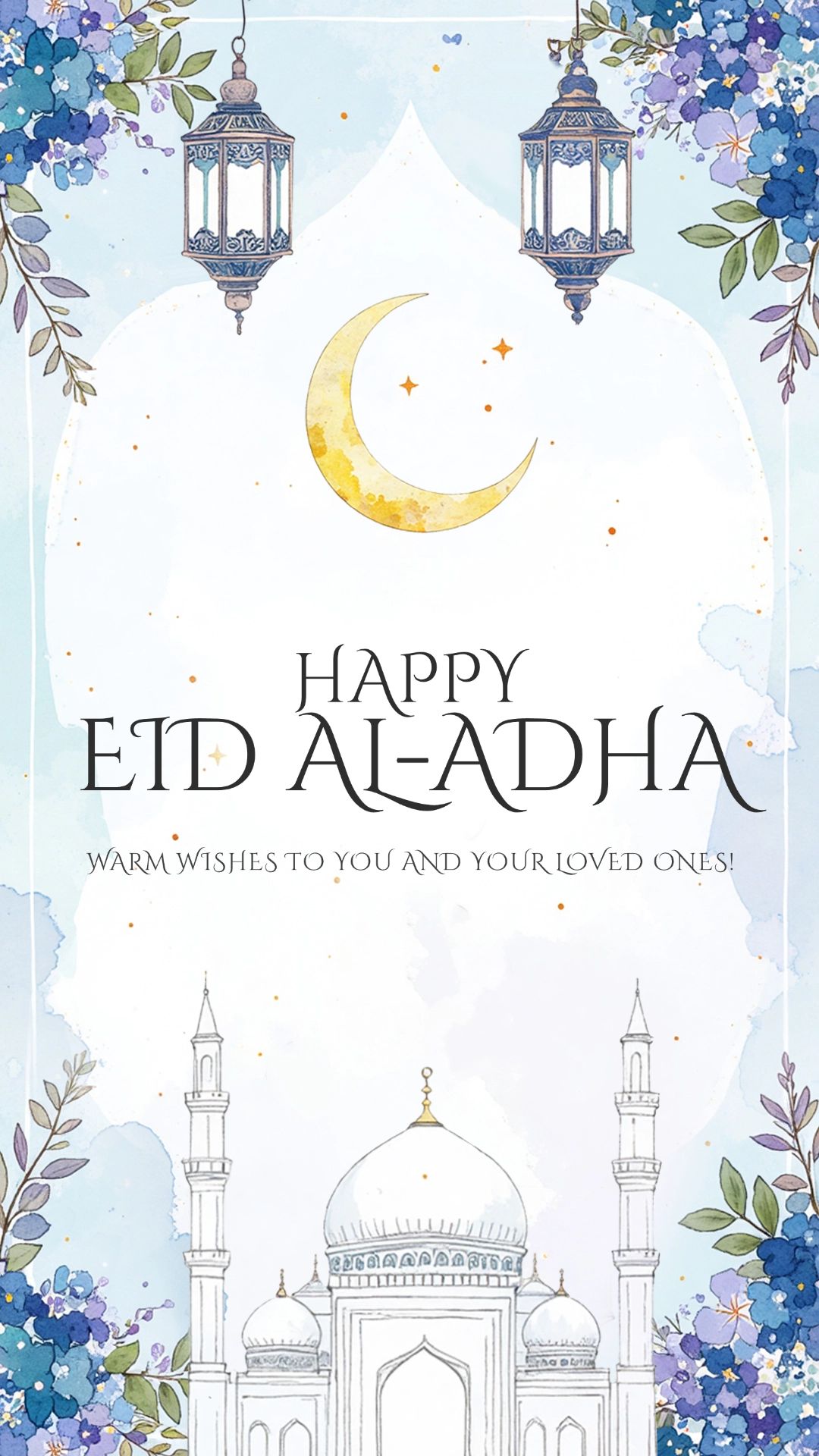 Eid Al Adha Elegant Blue Watercolor Illustrations Holiday Blessings Instagram Story Image