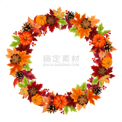 色彩鲜艳,绘画插图,秋天,南瓜,叶子,矢量,花环,十月,边框,橙色