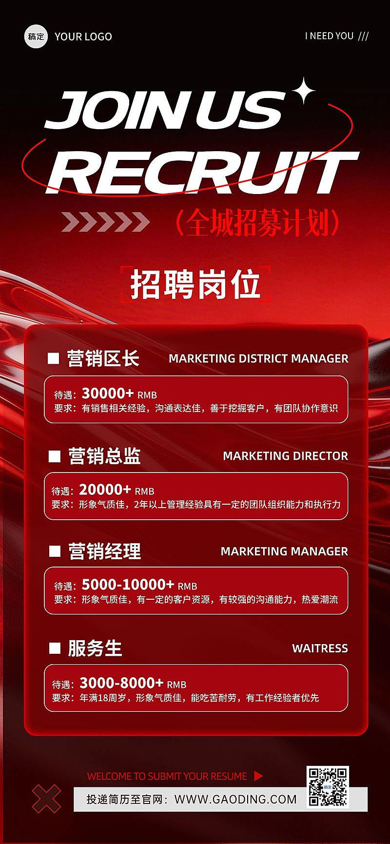 企业行政招聘岗位手机海报
