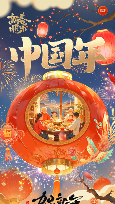 春节中国年灯笼团聚中式国潮风全屏海报AIGC