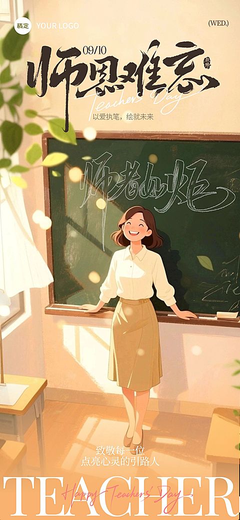 教师节祝福温馨感插画全屏竖版海报AIGC