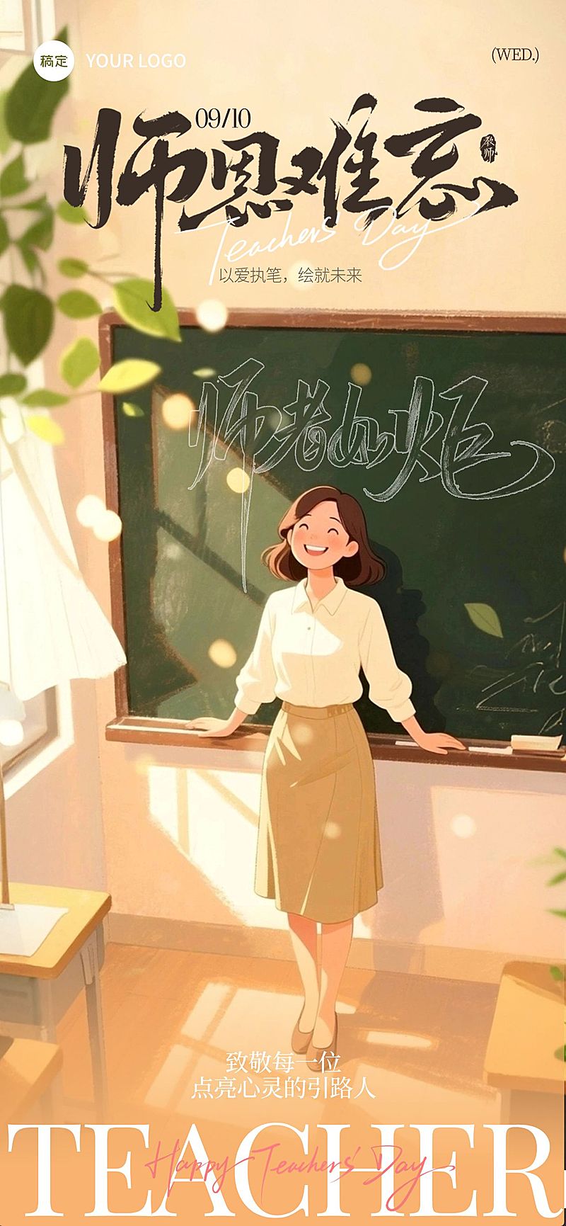 教师节祝福温馨感插画全屏竖版海报AIGC