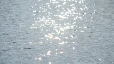 浅蓝色水面上的太阳路径，带有金色的阳光波克圆圈