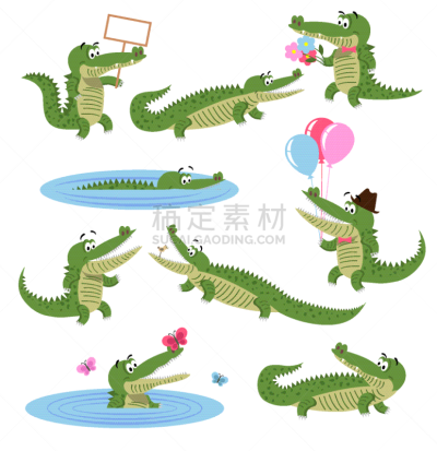 休闲活动,鳄鱼,捕猎行为,卡通,可爱的,摆拍,布置,坐