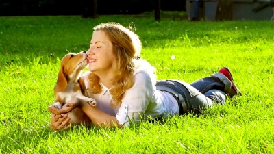 户外肖像快乐的女人和一只小猎犬在大自然中玩耍