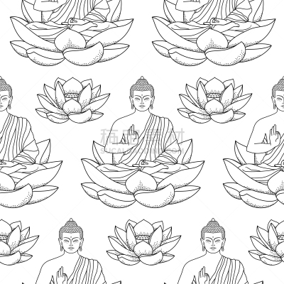 莲花坐式,四方连续纹样,佛,分离着色,白色,亚洲,人,坐
