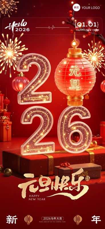 元旦2026新年祝福全屏竖版海报内部预览效果