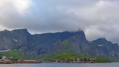 挪威洛弗顿群岛日落景色的延时拍摄全景