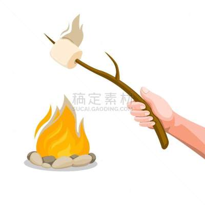 棉花软糖,卡通,矢量,绘画插图,概念,大篝火,白色背景,分离着色,手牵手,柴火