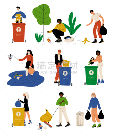 人,垃圾,女人,矢量,户外,绘画插图,废纸篓,食品加工厂,社交聚会