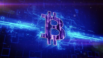 抽象蓝色背景上的比特币图标