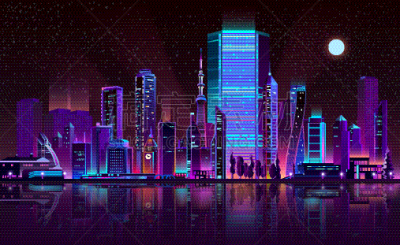 城市天际线,夜晚,彩色图片,霓虹灯,城市,卡通,商务,黄昏,河流,散步道