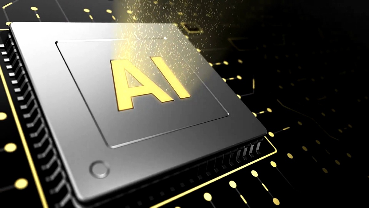 用AI标志在电路背景上对计算机芯片进行3D渲染。