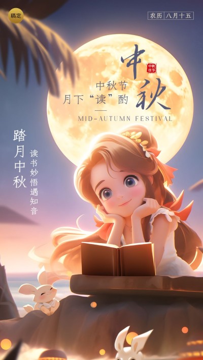 中秋节教育行业祝福皮克斯风全屏竖版海报AIGC