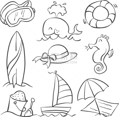 夏天,乱画,相机,海洋,矢量,标志,草图,绘制,收集,度假