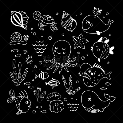 动物,水下,矢量,轮廓,鱼类,绘画插图,动物手,海洋生命,绘制
