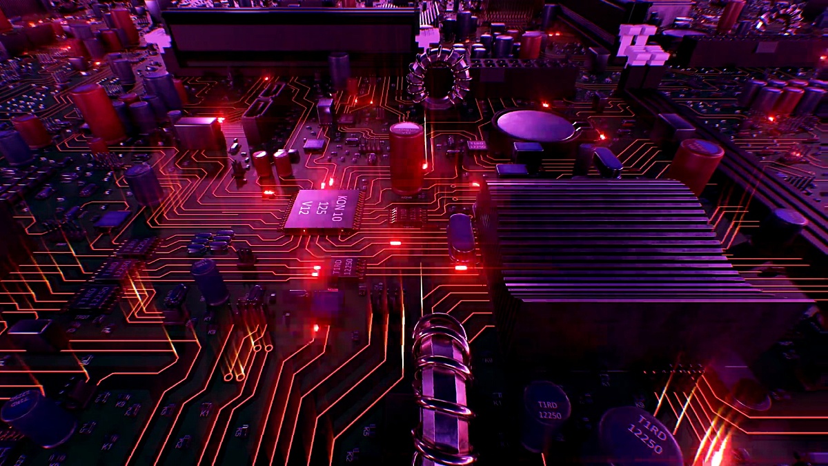 通过红灯飞过电路板和处理器。带红色光斑的主板和CPU的环路3D动画。技术与数字概念。