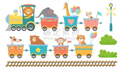 可爱的,动物主题,动物,绘画插图,卡通,幸福,火车,机车,矢量,布置