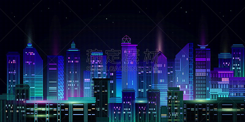 night city panorama with neon glow on dark