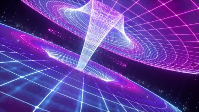 摘要科学背景，霓虹灯发光漏斗网格，自然力，宇宙能量，紫外光，重力，物质，空间，虫洞，宇宙