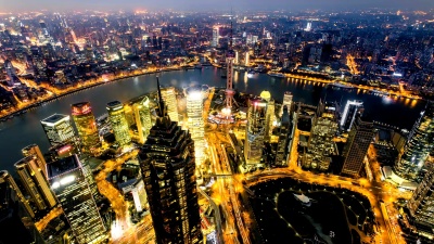上海夜景全景照明，高角度视角，时间流逝。