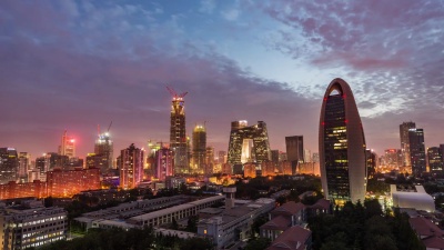 T/L WS HA Zi鸟瞰北京CBD地区黎明时分，夜间到白天过渡
