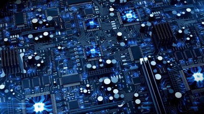 美丽的3D动画的无尽的主板与移动的光信号和工作的处理器。电路板上的环路运动。