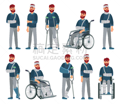 腿,绘画插图,卡通,轮椅,身体受伤,男人,矢量,石膏肥料,悲哀,与众不同