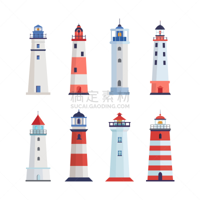 方向,安全,矢量,灯塔楼,海港,红色,海洋,塔,海岸线,白色条纹乐队