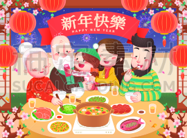 绘画插图,年夜饭,传统,灯笼,春节,家庭,中国灯笼,膳食,新年前夕,红包