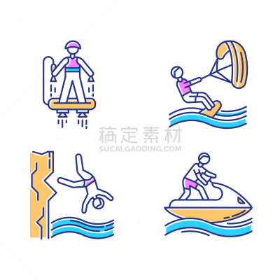海滩,绘画插图,水上运动,飞行板运动,矢量,海洋,极限运动,喷水推进艇,夏天,冒险