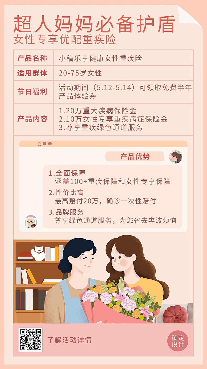 母亲节金融保险产品介绍营销宣传插画温馨风海报