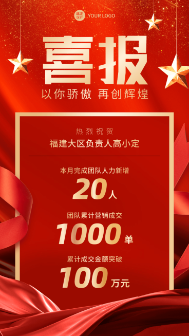 微商销售表彰喜报贺报红金风喜庆手机海报预览效果