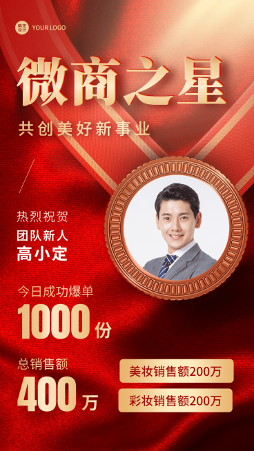 微商之星销售业绩表彰喜报贺报红金喜庆人物海报预览效果