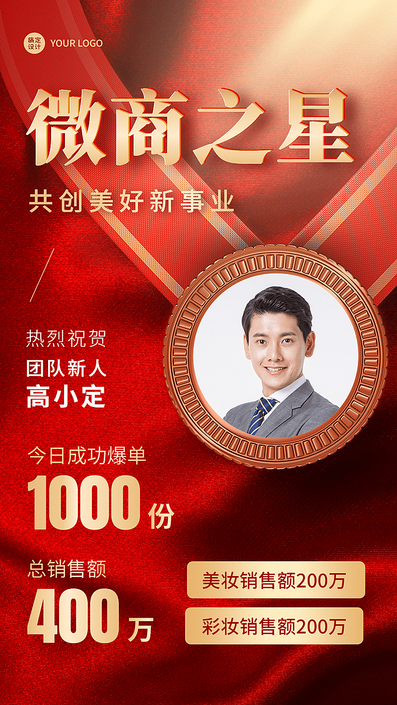 微商之星销售业绩表彰喜报贺报红金喜庆人物海报