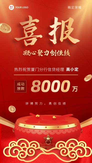 金融保险信贷业绩表彰喜报贺报喜庆中国风手机海报预览效果