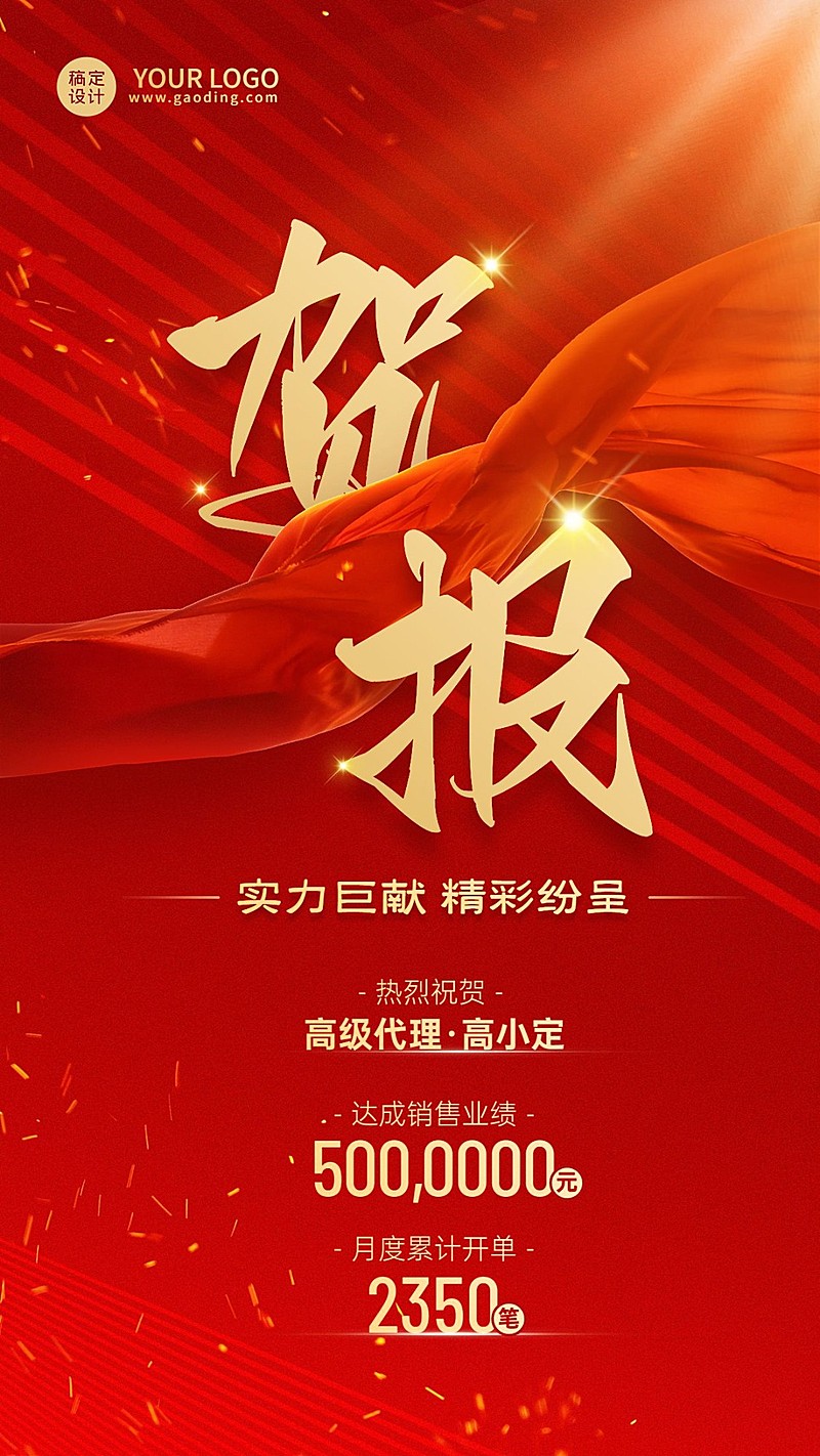 微商销售代理业绩表彰喜报喜庆手机海报