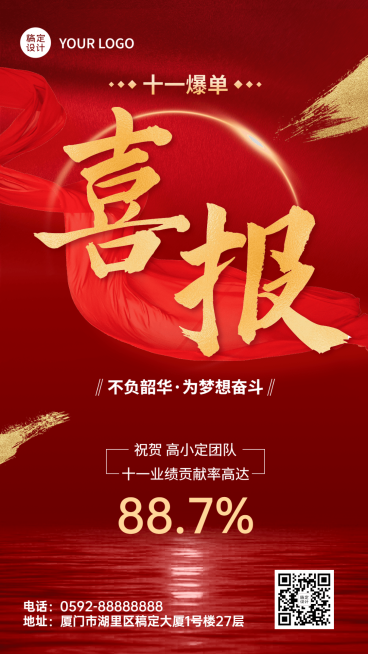 国庆节微商销售业绩表彰喜报贺报喜庆风手机海报预览效果
