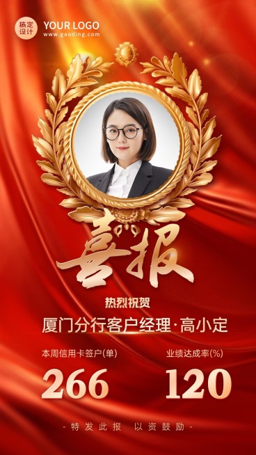 金融银行销售表彰业绩喜报人物喜庆手机海报AIGC预览效果