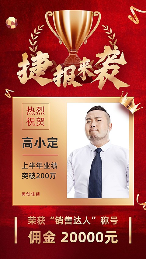 业绩表彰红色喜庆风奖杯喜报
