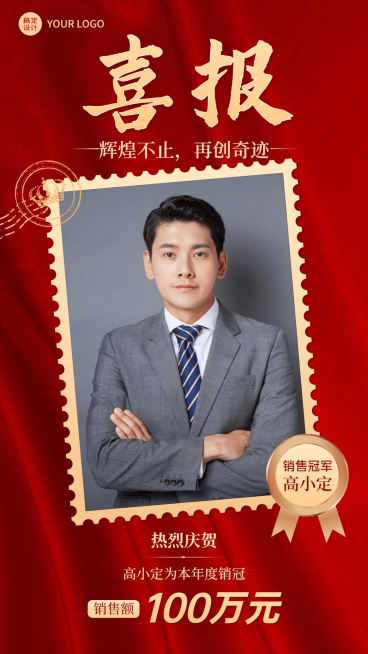 微商销售业绩表彰喜报贺报喜庆风人物海报预览效果