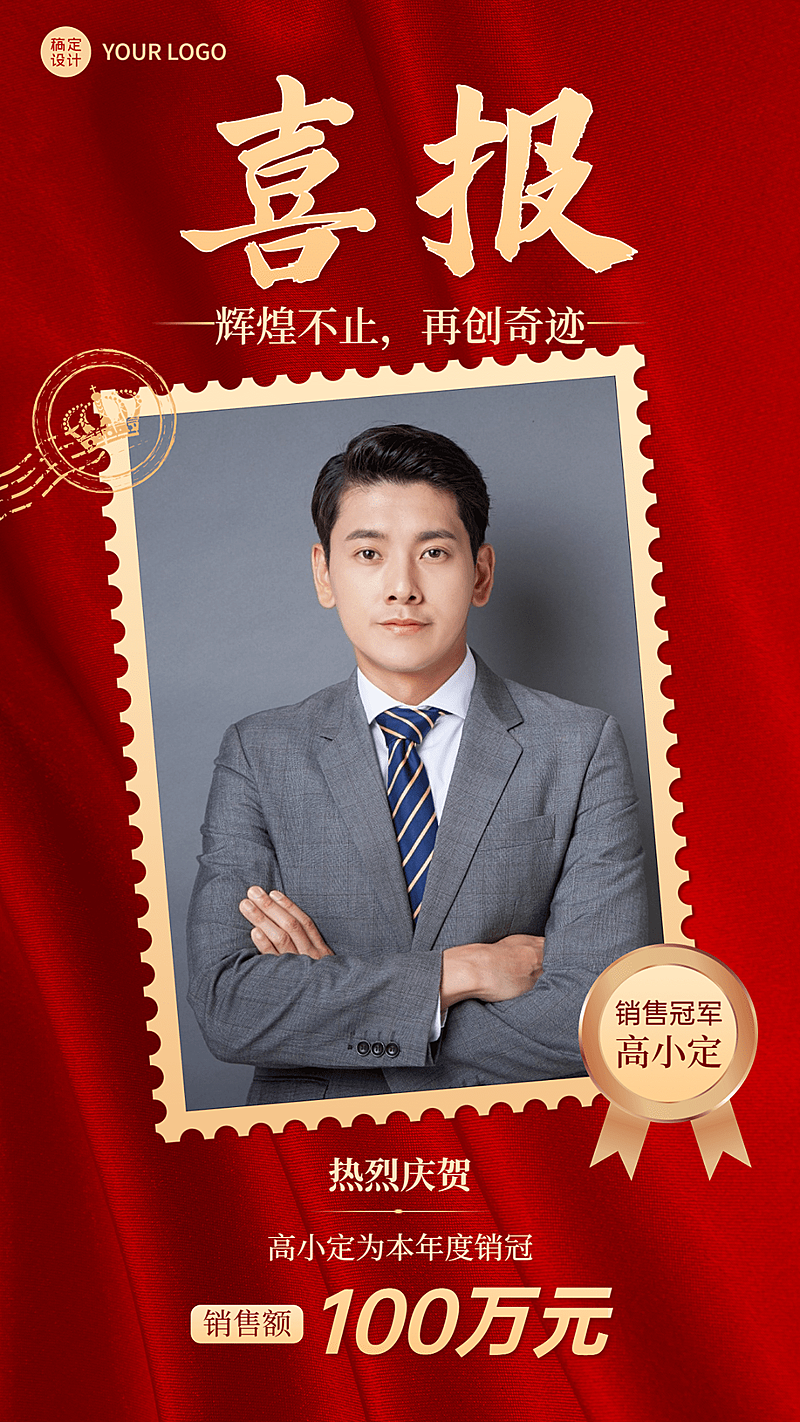 微商销售业绩表彰喜报贺报喜庆风人物海报