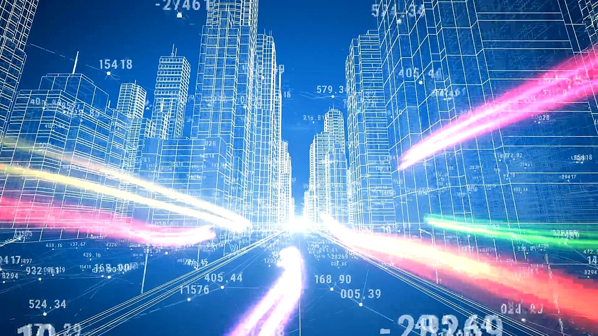 抽象数字城市与数字和网格。在3D蓝图中移动。业务和技术概念。蓝色3D动画。