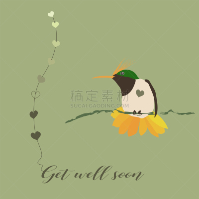 矢量,蜂鸟,心型,卡通,成一排,祝愿康复卡,绿色背景,文字,灵感,动机