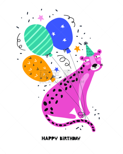 美洲豹,动物,生日,帽子,贺卡,聚会,绘画插图,乐趣,手,野生猫科动物