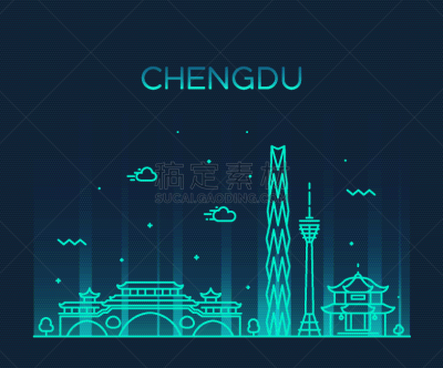 成都,直的,城市天际线,四川省,时尚,夜晚,传统,旅途,剪影