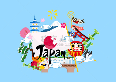 日本,矢量,信息图表,著名景点,可爱的,贺卡,背景分离,模板,鸟类,鲤鱼旗