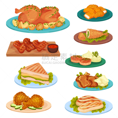 精神振作,盘子,炸鸡,白肉,格子烤肉,炸肉排,牛排,蔬菜,脆,收集